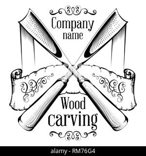 Woodcarving logotype Illustration with a chisel, cutting a wood slice, vintage style logo, black and white isolated engraving. Stock Vector