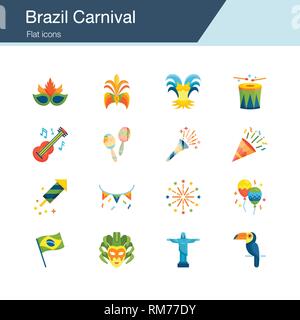 Brazil Carnival icons. Flat design. For presentation, graphic design, mobile application, web design, infographics, UI. Vector illustration. Stock Vector