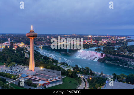 Niagara Falls, SEP 30: Night aerial view of the Skylon Tower and the beautiful Niagara Falls on SEP 30, 2018 at Niagara Falls, Canada Stock Photo