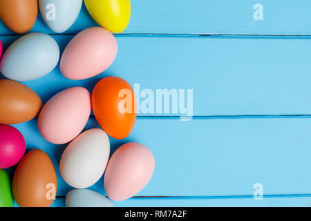 Easter eggs on blue background. Copyspace. Still life photo .Background with easter eggs. Stock Photo
