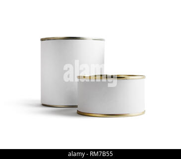 Two blank food tin cans isolated on white background. Ready for your design. Clipping path. Stock Photo