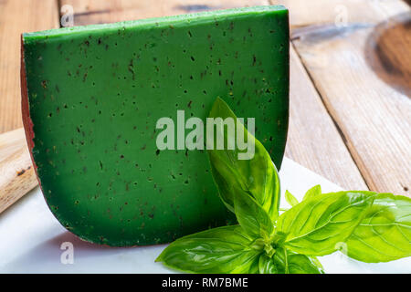 Cheese collection, piece of Dutch green pesto hard cheese with fresh basil close up Stock Photo