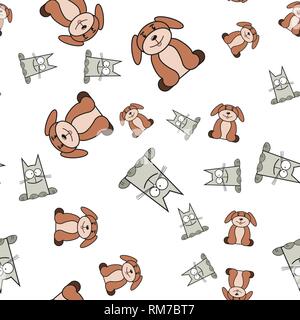 Seamless pattern of cats and dogs in in cartoon style. On white background, vector illustration. Stock Vector