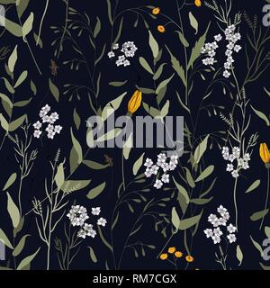 Abstract floral drawing. Realistic isolated seamless flowers pattern. Vintage set. Hand drawn vector illustration. Stock Vector