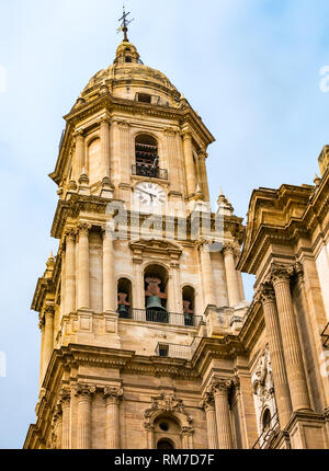 Bell tower, and clock, Cathedral Basilica, Malaga, Andalusia, Spain Stock Photo