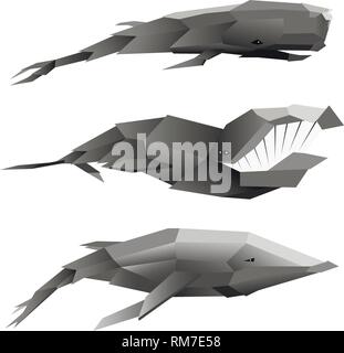 Set of three vector whales in low poly isolated on white. Stock Vector