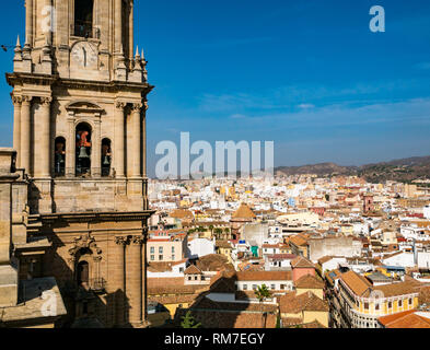 Bell tower and view over rooftops, Cathedral Basilica, Malaga, Andalusia, Spain Stock Photo