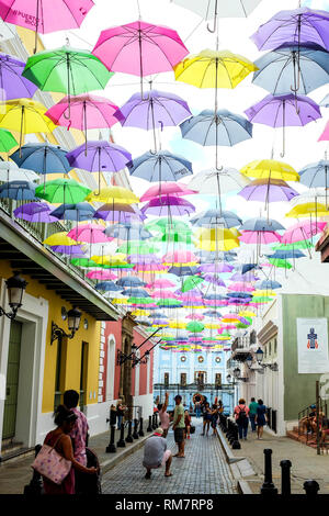 Umbrella Street is seen in San Juan, Puerto Rico above Fortaleza Street in the Old Town Section of the city.  It is close to the cruise terminal. Stock Photo