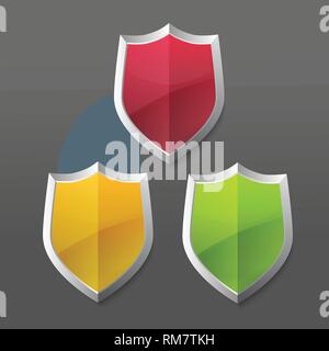 Glossy vector steel shield set. Protection symbol for design Stock Vector