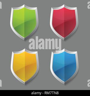 Glossy vector steel shield set. Protection symbol for design Stock Vector