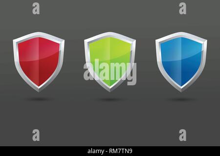 Glossy vector steel shield set. Protection symbol for design Stock Vector