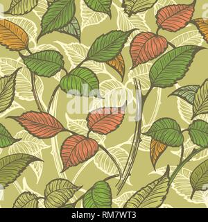 Colorful leaves seamless pattern drawn in vintage style. Vector illustration. Stock Vector