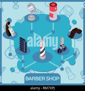 Barber shop isometric concept. Hipster hair salon design. Vector illustration, EPS 10 Stock Vector