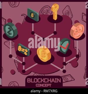 Blockchain isometric concept. Mining of cryptocurrency, coins and banknotes, pool of system users, security isolated vector illustration Stock Vector