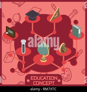 Education School Color Icons Set Isometric View Element for Web Isolated on White Background. Vector illustration Stock Vector