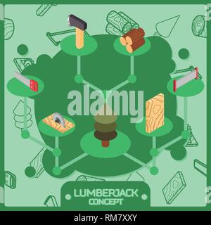 Lumberjack color isometric concept icons. Vector illustration, EPS 10 Stock Vector