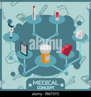 Medical color isometric concept icons. First Aid Emergency Help Concept for Web. Vector illustration Stock Vector