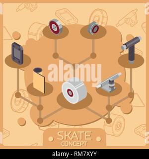 Skate color isometric concept icons. Skate themed design elements for your project. Stock Vector