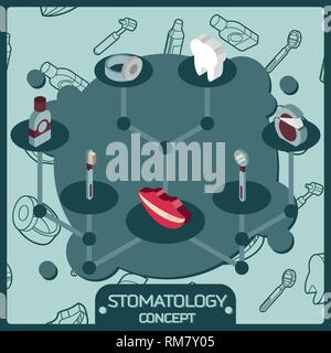 Stomatology isometric colored icons isolated on blue background with dentures and tools for dental care vector illustration Stock Vector