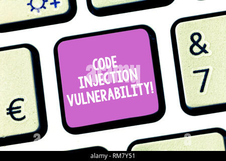 Handwriting text writing Code Injection Vulnerability. Concept meaning introduction of code into an application Keyboard key Intention to create compu Stock Photo