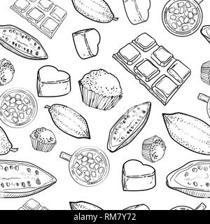 Hand drawn pattern of different kinds of chocolate sketch style vector illustration on white background. Chocolate bars, candies, beans, porous Stock Vector
