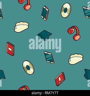 E-education color outline isometric pattern for Web Isolated on White Background. Vector illustration Stock Vector