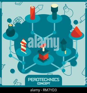 Pyrotechnics color isometric concept icons. Vector illustration, EPS 10 Stock Vector
