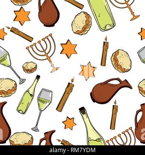 Seamless pattern with Hanukkah symbols. Israel festival objects and symbols. Vector illustration Stock Vector