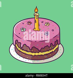 Happy First Birthday Anniversary card with cupcake and candle in flat design style, vector illustration Stock Vector