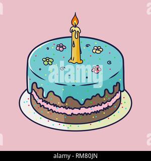Happy First Birthday Anniversary card with cupcake and candle in flat design style, vector illustration Stock Vector