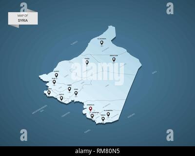 Isometric 3D Syria map,  vector illustration with cities, borders, capital, administrative divisions and pointer marks; gradient blue background.  Con Stock Vector