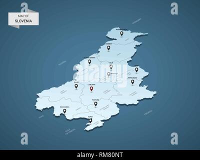 Isometric 3D Slovenia map,  vector illustration with cities, borders, capital, administrative divisions and pointer marks; gradient blue background.   Stock Vector