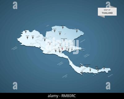 Isometric 3D Thailand map,  vector illustration with cities, borders, capital, administrative divisions and pointer marks; gradient blue background.   Stock Vector