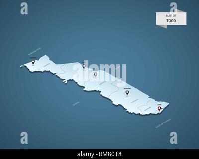 Isometric 3D Togo map,  vector illustration with cities, borders, capital, administrative divisions and pointer marks; gradient blue background.  Conc Stock Vector