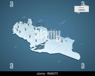 Isometric 3D Tunisia map,  vector illustration with cities, borders, capital, administrative divisions and pointer marks; gradient blue background.  C Stock Vector