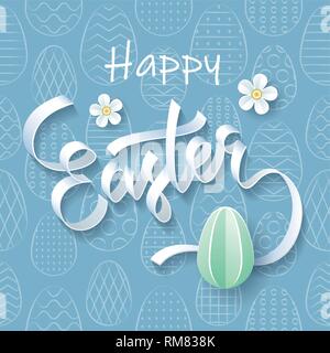 Happy Easter. Inscription in the form of a ribbon with egg and flowers on the background of Easter seamless pattern. Vector Illustration. Stock Vector