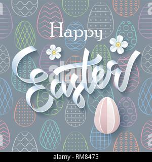 Happy Easter. Inscription in the form of a ribbon with flowers and egg on the background of Easter seamless pattern. Vector Illustration. Stock Vector