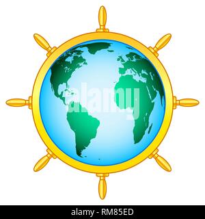 Illustration of the gold steering wheel and globe. Elements of this image furnished by NASA. Source of map:  http://visibleearth.nasa.gov/view.php?id= Stock Vector