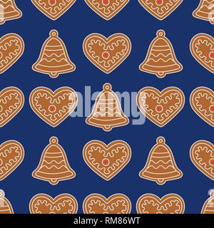Seamless pattern with gingerbread bells and hearts. Holiday background. Design for banner, poster, textile, print. Stock Vector