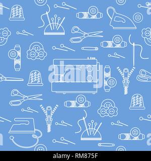Seamless pattern with zipper, needles, thimble, pins, threads, buttons, scissors, sewing machine, iron. Sewing and needlework background. Template for Stock Vector