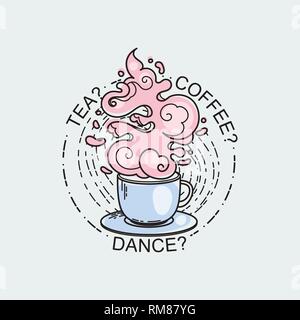 Tea, coffee, dance. Line drawing of cup of coffee or tea. Modern flat linear vector illustration. Retro menu postcard with mug of hot drink Stock Vector