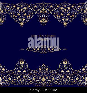 Seamless ethnic patterns for border. Repeated oriental motif for fabric or paper design. Gold pattern on a blue background. Ornate vignette for Your d Stock Vector