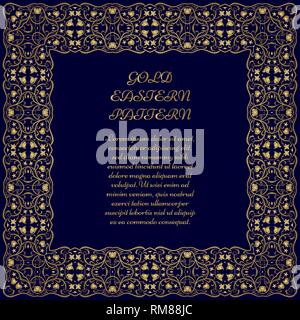 Golden square frame on dark blue background. Ornate vignette for Your design cards, invitations. Element in Arabic style. Vector illustration. Stock Vector