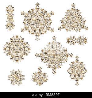 Set of nine abstract vintage elements. Golden color mandalas. Graphic template for your design. Decorative retro ornament. Vector illustration. Stock Vector