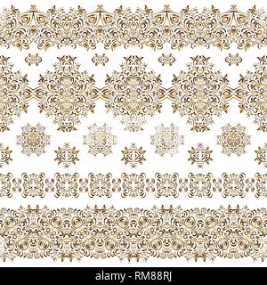 Seamless ethnic patterns for border. Repeated oriental motif for fabric or paper design. Gold pattern on a white background. Ornate vignette for Your  Stock Vector