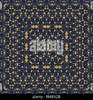 Blue handkerchief with gold ornament. Square ornament for print on fabric, vector illustration. Stock Vector