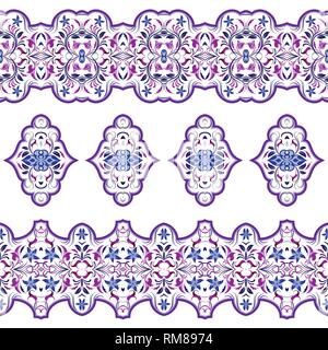 Seamless arabic patterns for border. Repeated oriental motif for fabric or paper design. Violet pattern on a white background. Stock Vector