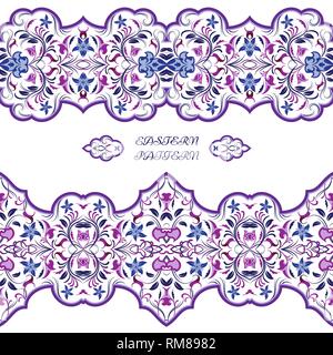 Seamless arabic patterns for border. Repeated oriental motif for fabric or paper design. Violet pattern on a white background. Stock Vector