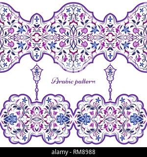 Seamless arabic patterns for border. Repeated oriental motif for fabric or paper design. Violet pattern on a white background. Stock Vector
