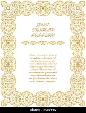 Gold rectangular frame. Ornate vignette for Your design cards, invitations. Element in Arabic style. Vector illustration. Stock Vector